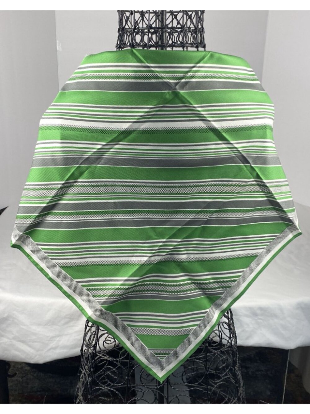 VTG Green & White Striped Square Scarf W/ Black Polka Dot Accents 26.75"x26.5" - Picture 2 of 6